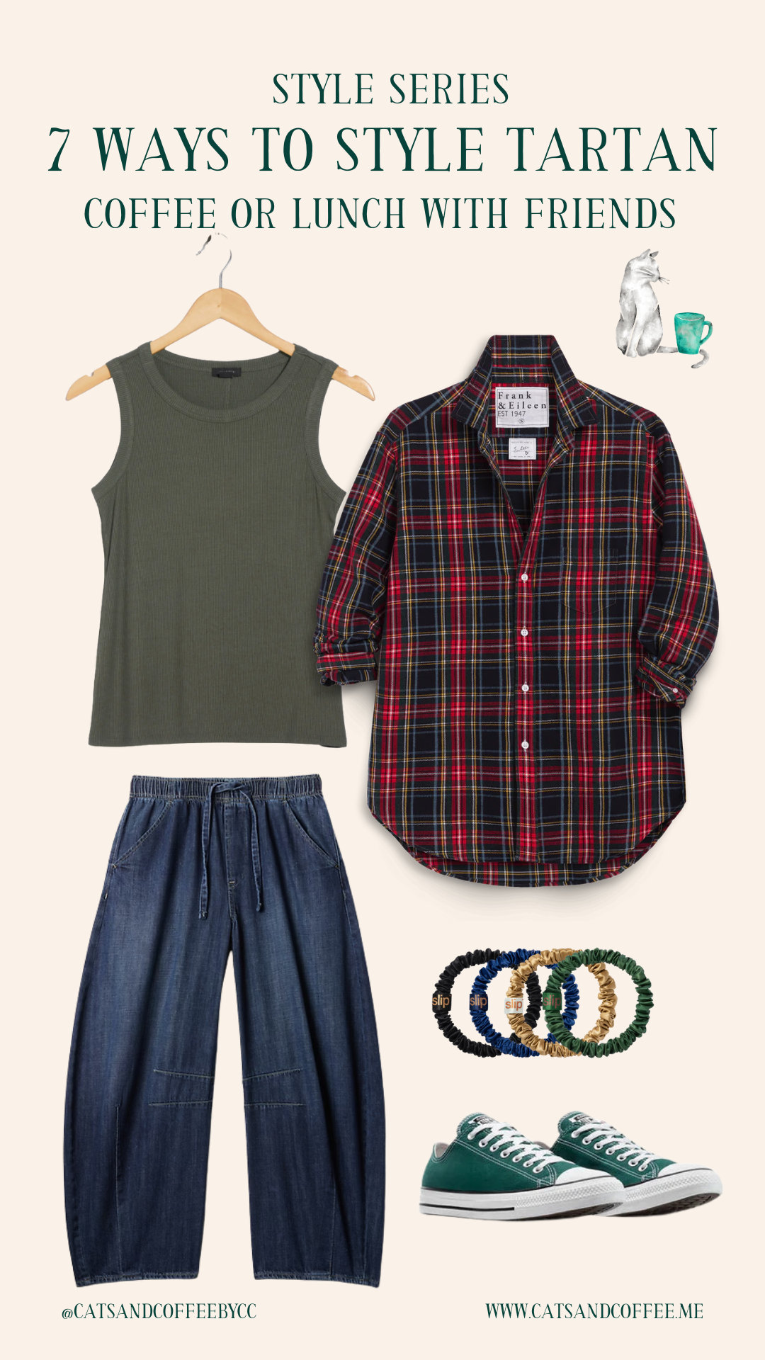 Festive-Tartan-Outfit-Ideas-7-Ways-to-Wear-Tartan-This-Holiday-Season-Collages-1webp - Cats & Coffee Red and black tartan flannel shirt over black tee with jeans and Converse — casual tartan outfit for everyday wear