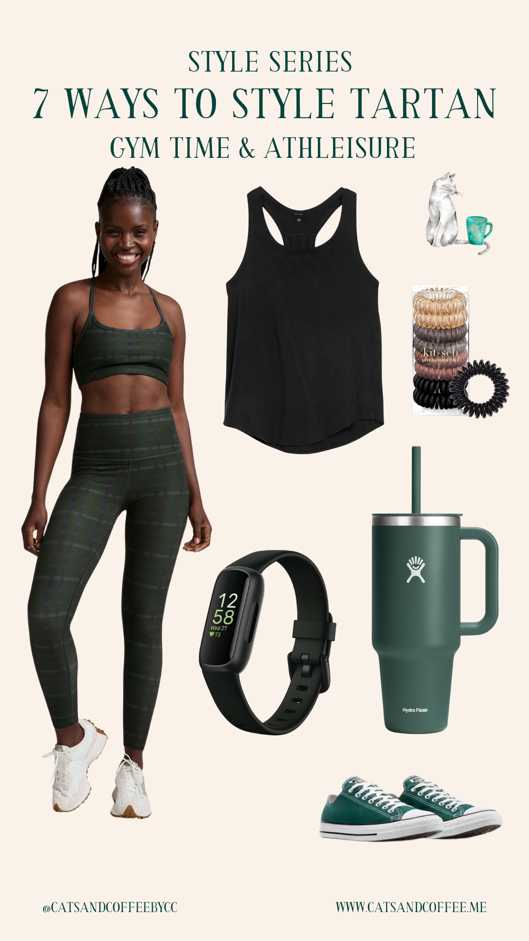 Festive-Tartan-Outfit-Ideas-7-Ways-to-Wear-Tartan-This-Holiday-Season-Collages-2webp - Cats & Coffee Woman wearing black tank top and green tartan bike shorts with green Converse sneakers for casual gym outfit