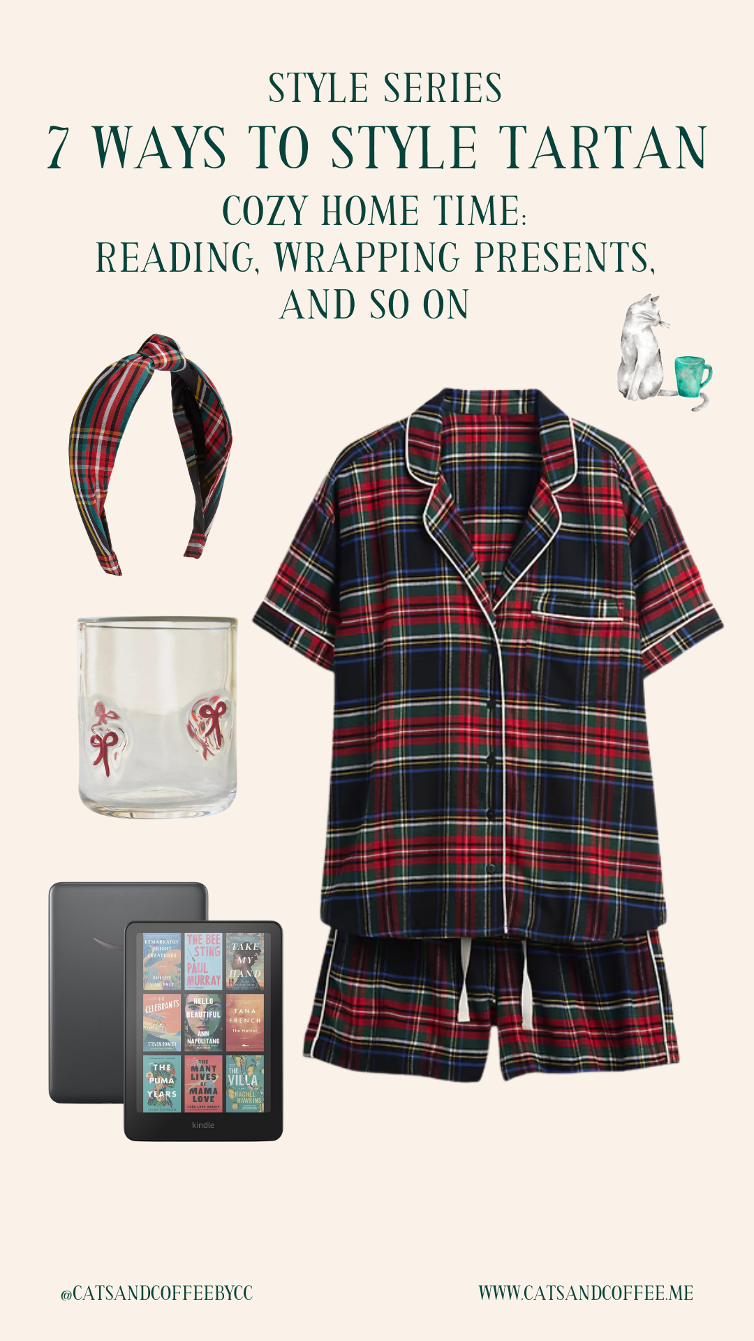 Festive-Tartan-Outfit-Ideas-7-Ways-to-Wear-Tartan-This-Holiday-Season-Collages-4webp - Cats & Coffee Red and black tartan plaid pajama set with coffee cup — cozy holiday tartan outfit idea for lounging at home