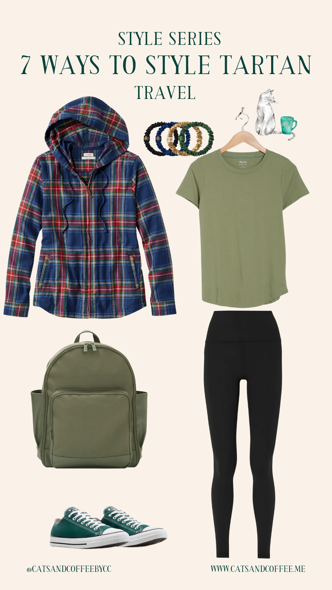 Festive-Tartan-Outfit-Ideas-7-Ways-to-Wear-Tartan-This-Holiday-Season-Collages-5webp - Cats & Coffee Woman wearing green and black tartan plaid shacket over olive tee with black leggings and Converse — casual layered tartan look for travel