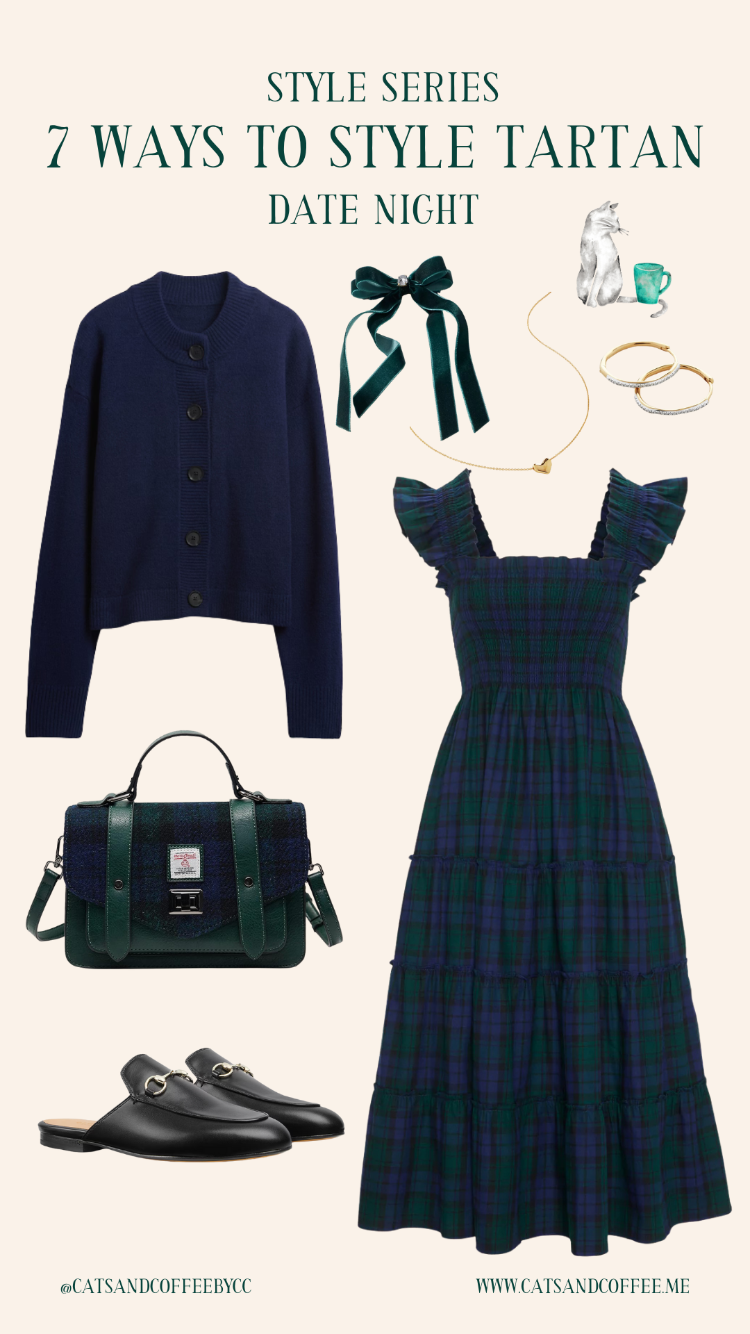 Festive-Tartan-Outfit-Ideas-7-Ways-to-Wear-Tartan-This-Holiday-Season-Collages-6webp - Cats & Coffee Woman wearing black and green tartan dress layered with navy blue cardigan and green crossbody bag — cozy dressy tartan outfit
