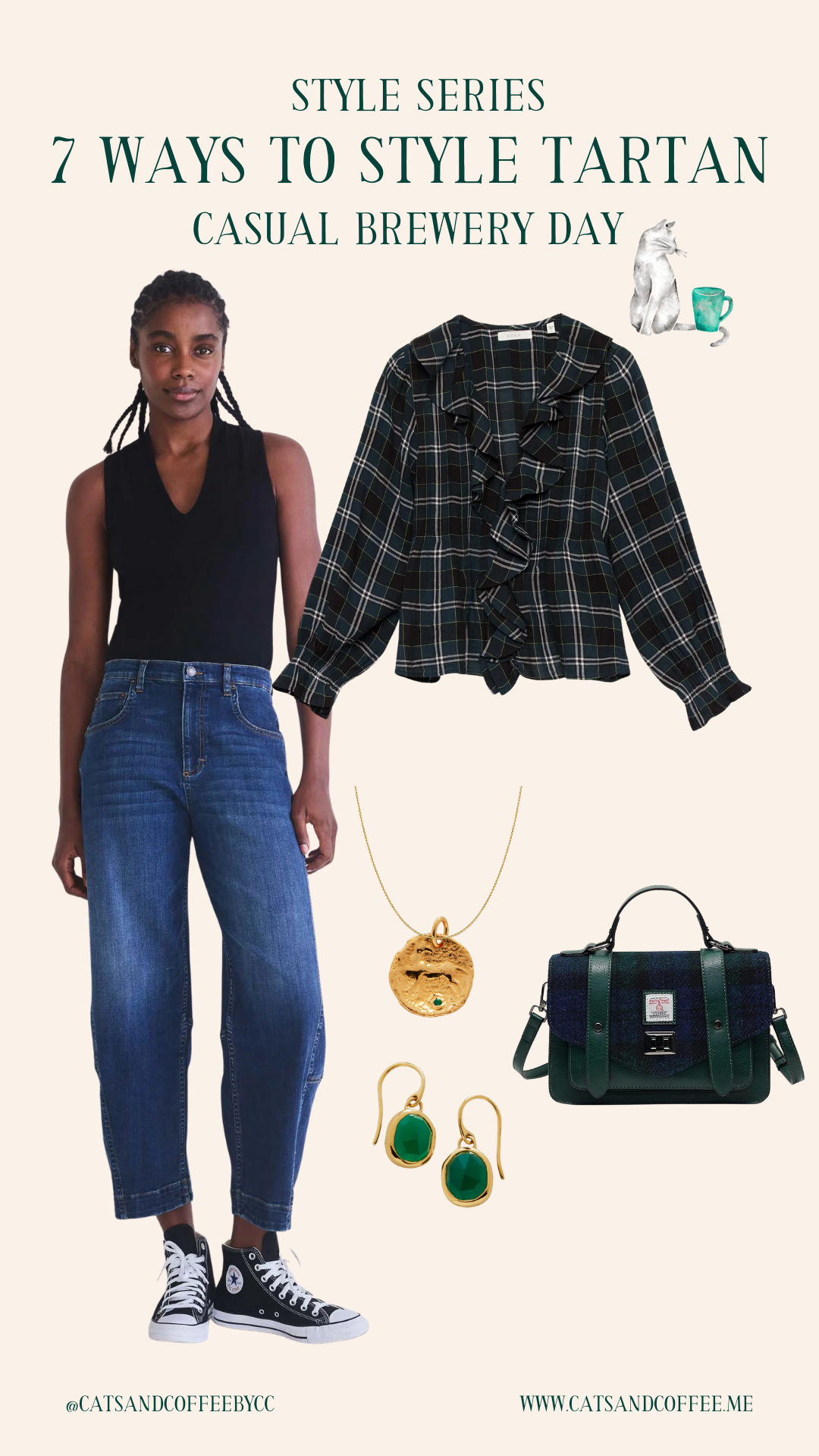 Festive-Tartan-Outfit-Ideas-7-Ways-to-Wear-Tartan-This-Holiday-Season-Collages-7webp - Cats & Coffee Woman wearing dark green, black, white tartan plaid button-up shirt with jeans and Converse — casual holiday tartan outfit with denim
