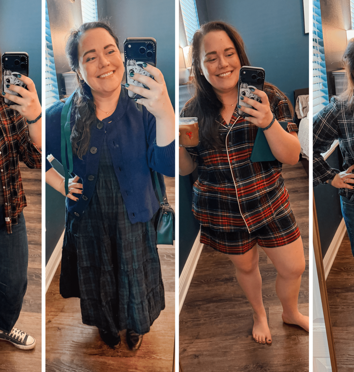 Four tartan outfit ideas for the holidays — casual flannel looks, cozy pajamas, and dressy tartan dress styled different ways