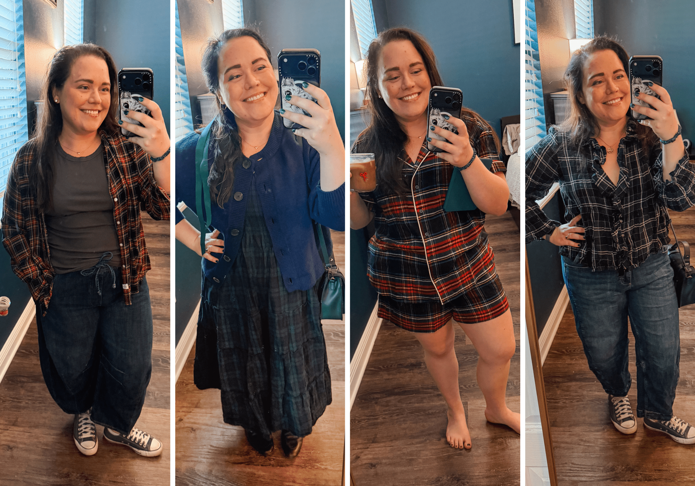Festive-Tartan-Outfit-Ideas-minwebp - Cats & Coffee Four tartan outfit ideas for the holidays — casual flannel looks, cozy pajamas, and dressy tartan dress styled different ways