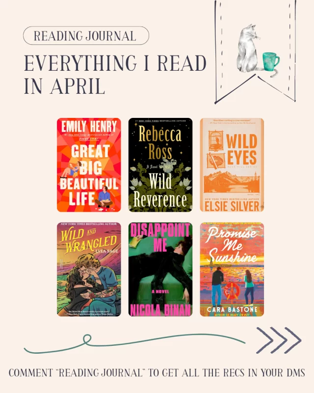 Here’s everything I read in April -- there some major hits, a couple misses, and a few that’ll stay with me for a long time 💚📚⁠
⁠
From fantasy with compelling lore to unexpectedly emotional rom coms, my reading this month was all over the place in the best way. If you’re looking for thoughtful book recs, honest reviews, or just want to peek at someone else’s reading list, I’ve got you covered! ⁠
⁠
✨ Swipe through for my reviews of my top reads this month & comment READING JOURNAL to get all the reviews in your DMs!⁠
⁠
What’s the most memorable book you read in April? 📖⁠
⁠